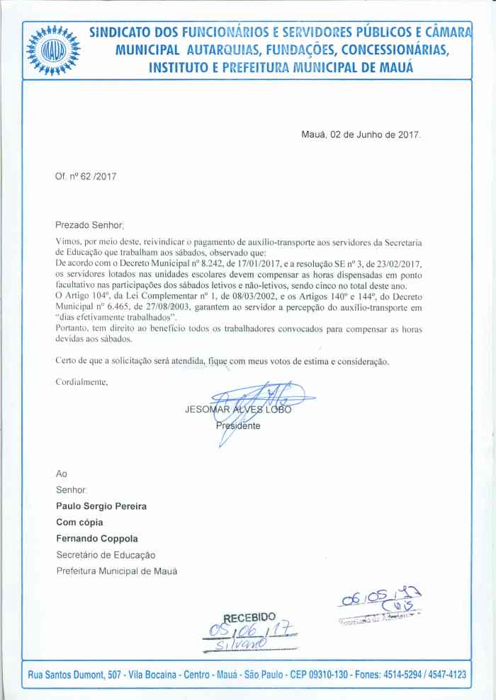 oficio sobre pagamento de vt aos sabados